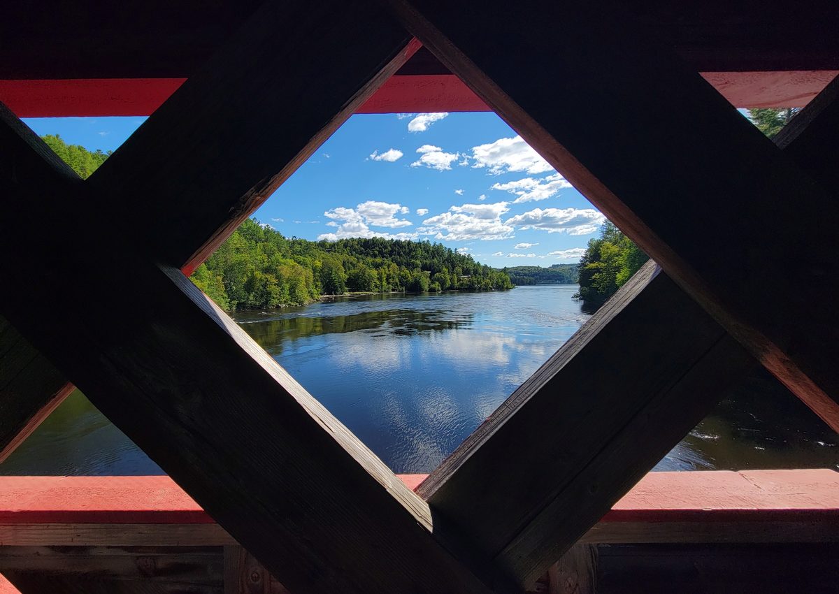 Wakefield covered bridge view river through window