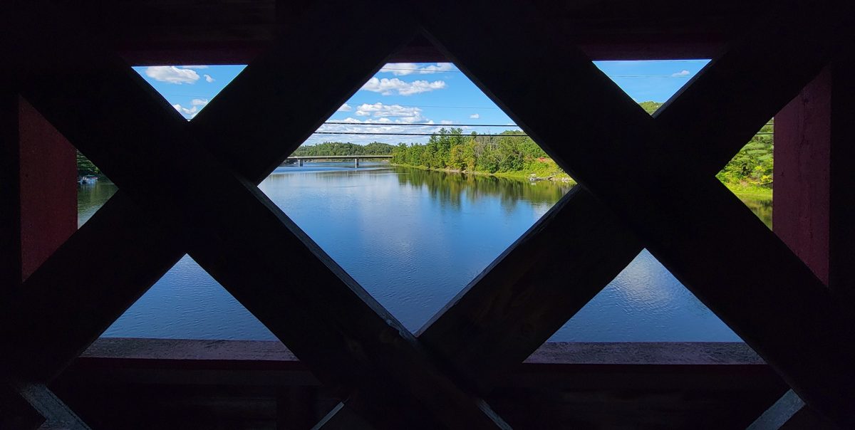 Wakefield covered bridge view river throgh window 2