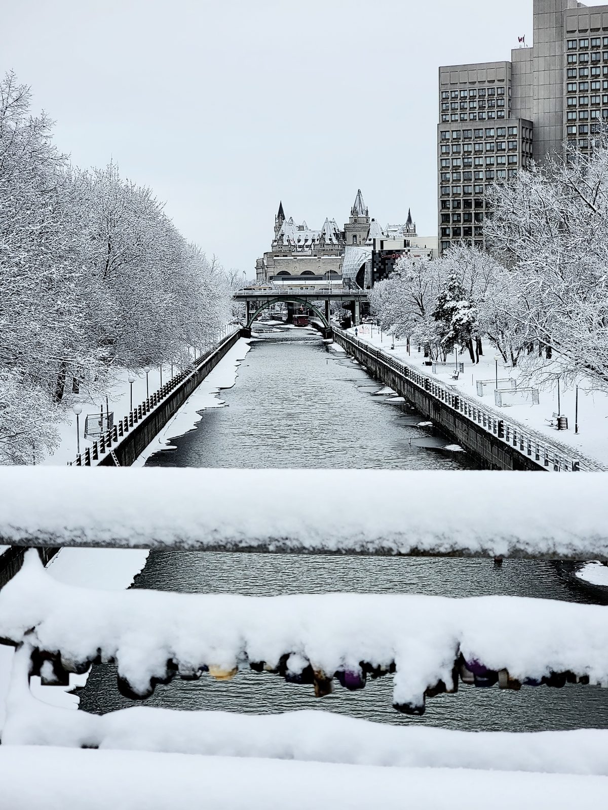 Ottawa winter snow corktown bridge chateau laurier